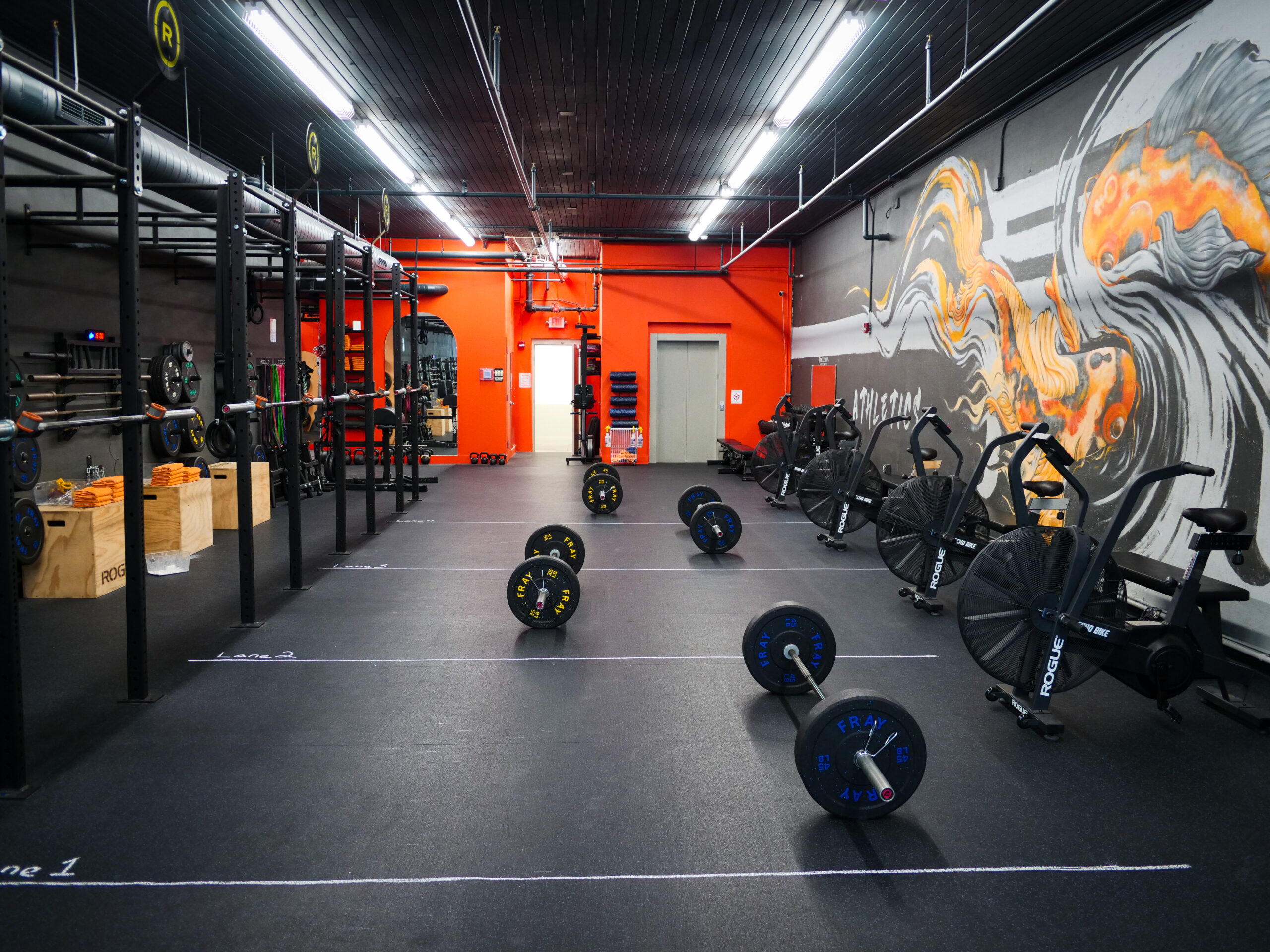 Interior view of the AMPT Fit gym featuring a designated training area with barbells, stationary bikes, and functional fitness equipment. The organized space and vibrant wall mural create a professional yet welcoming atmosphere for mobility, corrective training, and bodywork sessions.